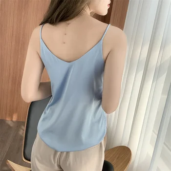 Coreea de Mătase Femei, Topuri Femei V-neck Bluza din Satin Top Femei, Plus Dimensiune Solid Top fără Mâneci Doamna Bluze Blusas Femininas Elegante