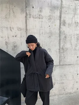 Japonia Stil 2020 Iarna Femei Sustans Haina Cordon belt Lace-up Întuneric Liber Supradimensionat-linie Strat Gros High Street Gotic Owen