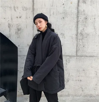 Japonia Stil 2020 Iarna Femei Sustans Haina Cordon belt Lace-up Întuneric Liber Supradimensionat-linie Strat Gros High Street Gotic Owen
