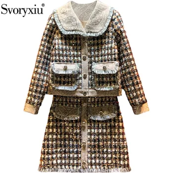 Svoryxiu Designer de lux Toamna Iarna Paiete Broderie Tweed Costum Fusta pentru Femei Maneca Lunga Single-Breasted Coat + Fusta Set