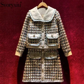Svoryxiu Designer de lux Toamna Iarna Paiete Broderie Tweed Costum Fusta pentru Femei Maneca Lunga Single-Breasted Coat + Fusta Set
