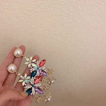 Exagerat de Lux Curcubeu Stras de Cristal Cercei pentru Femei Rotund Mare Simulate Perla Floare Picătură Cercei Petrecere Bijuterii