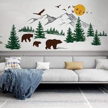 Peisaj montan de Perete de Vinil Autocolant Cu Ursul de Familie, Pin Arta de Perete Pentru Pepinieră Tapet DIY picturi Murale 3907