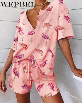 WEPBEL Flamingo Imprimare Scurt Maneca V Gât Topuri + Cordon Talie pantaloni Scurti Doamnelor Set Haine Plus Size S-5XL Femei din Două Piese Set