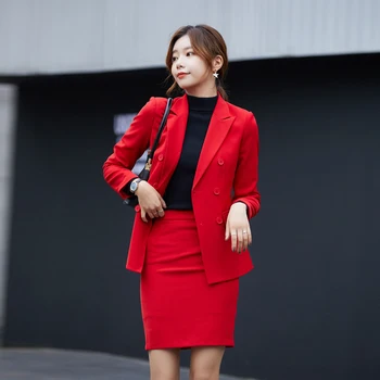 De înaltă calitate profesională pentru femei costume fusta set de Toamnă nou slim cu mâneci lungi jachetă roșie costum de sex feminin Casual, office pantaloni de costum