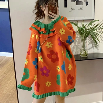 Toamna Iarna Papusa Guler Thicked Floare De Imprimare Pulover Tricotate Ins Conteast Mozaic De Culoare Maneca Lunga Trage Femme Nou Pulovere