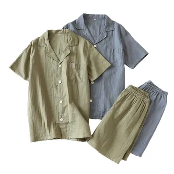 Vară Nouă Bărbați Pijama Set Simplu Stil Culoare Solidă Sleepwear Confort Libere de Tifon de Bumbac Homewear Guler de Turn-down Casual Uzura