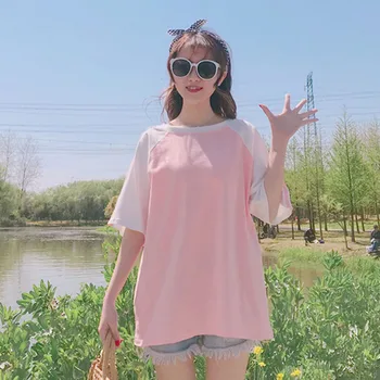 Coreea drăguț roz pentru femei T-shirt vara Vrac Hip Hop Chic Simplu tricou Maneca Scurta fete tinere Mozaic de Moda tricou