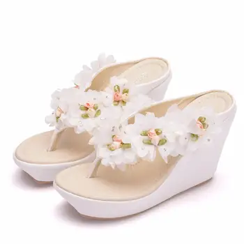 Cristal Regina Femei Papuci de Vara de Culoare Albă de Dantelă Flori Stil Plaje Flip-Flops, Sandale cu Platforma Open-degete Pantofi Casual