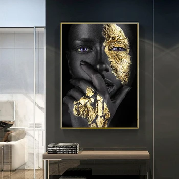 De Fata cu aur Mâna Africa Neagră Femeie Meditație Pictura in Ulei pe Panza, Postere si Printuri Cuadros de Arta de Perete de Imagine pentru Camera de zi