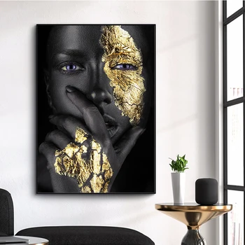 De Fata cu aur Mâna Africa Neagră Femeie Meditație Pictura in Ulei pe Panza, Postere si Printuri Cuadros de Arta de Perete de Imagine pentru Camera de zi