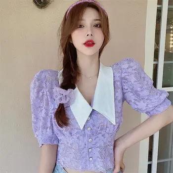 De Vară 2020 francez Bubble cu Mânecă Scurtă, Bluză de Dantelă coreeană Stil Casual mâneci Șifon Cardigan pentru Femei Tricou Subțire de Sus