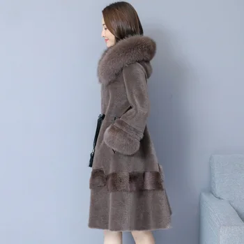 2021new Oi shearling coat pentru femei de iarnă pachet de talie lungă cu glugă de blană de vulpe blană de nurcă mantou pentru femei plus dimensiune haine de blană faux blana femei