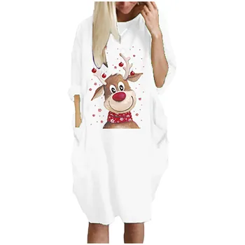 Femei Iarna Rochie de Crăciun Supradimensionate Moda Vrac Echipajul Gât Buzunar Rochie de Imprimare Haine de Toamna Femei coreene Hood#p3