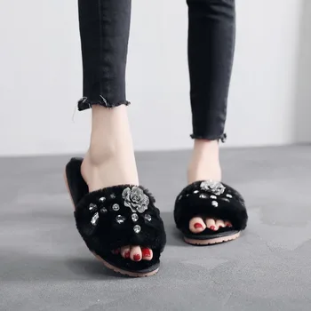 Femei De Lux Papuci De Interior Pantofi De Iarna Stras Moale Cald Acasă Papuci Femei Peep Degetele De La Picioare Non Alunecare Scurt De Pluș De Sex Feminin ShoeDE