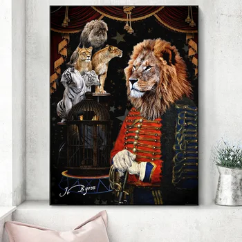 Fumatul Regele Leu Și Elefant, Rinocer Panza Pictura Amuzant Animale De Circ Postere Si Printuri Home Decor De Perete De Artă