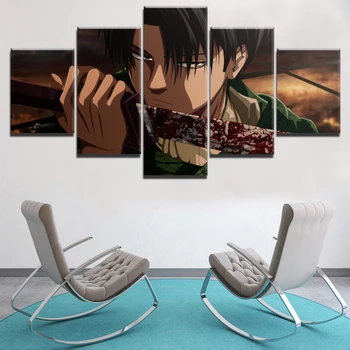 Canvas Wall Art Print Anime Pictura Cadru Modern Poza 5 Panouri Atac pe Titan Sânge Levi Ackerman Sabia Poster Decor Acasă