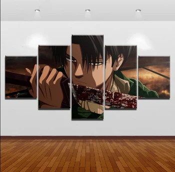 Canvas Wall Art Print Anime Pictura Cadru Modern Poza 5 Panouri Atac pe Titan Sânge Levi Ackerman Sabia Poster Decor Acasă