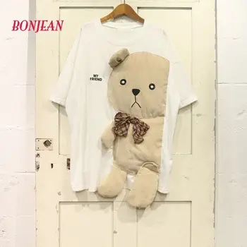 Ursul desene animate de Animale Broderie Femei T-shirt Casual Pierde Supradimensionat Kawaii Arc Stil coreean de Vară 2020 Short Sleeve Top Femei
