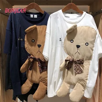 Ursul desene animate de Animale Broderie Femei T-shirt Casual Pierde Supradimensionat Kawaii Arc Stil coreean de Vară 2020 Short Sleeve Top Femei