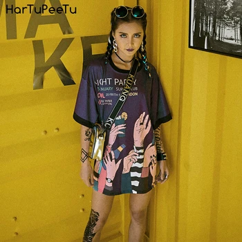Harajuku Tricou Femei Supradimensionat Pierde Vara Topuri 2020 Hip-Hop Rock Lungi Pulover Teuri Brațul De Imprimare A Modelului De Scrisoare De Rupe Normele