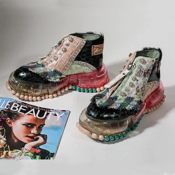 Ramnino Indesata Adidasi Femei Din Piele De Designer De Brand De Lux Lucrate Manual Pantofi Platforma Transparent Tălpi Groase Glezna Cizme