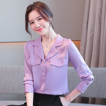 Coreea de Mătase pentru Femei Camasa Femei cu Maneci Lungi de Mătase Tricouri Femei Bluza din Satin OL Top Alb Femeie din Satin V Gâtului Bluze Topuri Plus Dimensiune