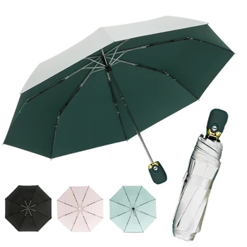 Automată Umbrelă de Ploaie Femei Argint Titan Anti UV Umbrela 8 Coaste Portabil Trei-pliere Umbrela de Buzunar Pentru Om UPF50+