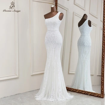 2021Sexy alb paiete sirena rochii de seara un umăr rochii pentru femei partid vestidos de fiesta halat de serată de mariage