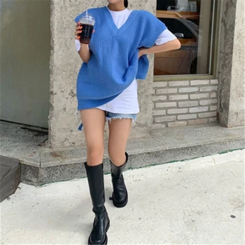 Albastru fara Spate Dantela-Up Veste Femei Toamna de Moda coreeană Nou Liber Casual V-gât Tricot Pulovere fără Mâneci Pentru Femei Topuri Supradimensionate
