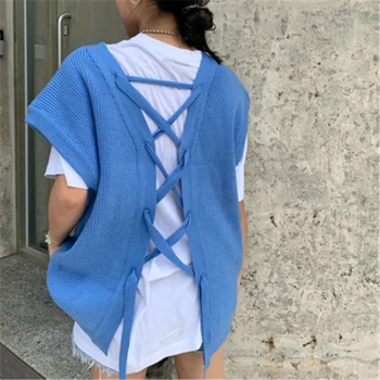 Albastru fara Spate Dantela-Up Veste Femei Toamna de Moda coreeană Nou Liber Casual V-gât Tricot Pulovere fără Mâneci Pentru Femei Topuri Supradimensionate