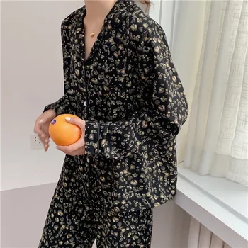 Leopard de imprimare sleepwear set de două piese femeile pijama set primavara toamna acasa costum rever guler camasi pantaloni pijamas homewear Y221
