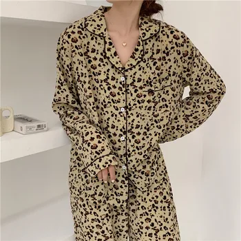 Leopard de imprimare sleepwear set de două piese femeile pijama set primavara toamna acasa costum rever guler camasi pantaloni pijamas homewear Y221