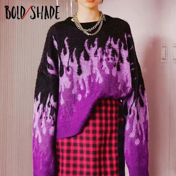 Bold Umbra Indie Estetice Harajuku Pulovere Tricotate Flacără Imprimare E-fata 90 de Epocă Pulovere Femei cu Maneci Lungi Grunge Jumper