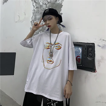 Ins cu mânecă scurtă casual nou versiunea coreeană a pierde personalitatea portret imprimare Harajuku wild fashion bumbac T-shirt maree