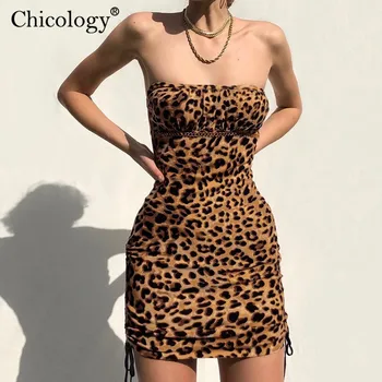 Chicology leopard de pe umăr lanț de metal ruched reglabil rochie mini sexy femei bodycon 2019 toamna iarna club de petrecere haine