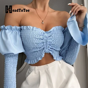 Sexy De Pe Umăr Volane Plisate Bluza Crop Topuri Femeile Primavara Toamna Cu Maneca Lunga Bluze Scurte