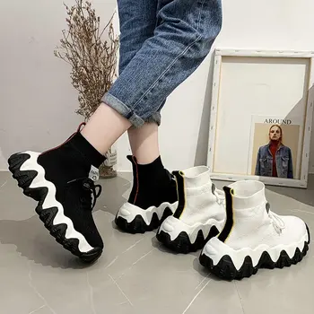 NewBlack Alb Femme Indesata Șosete Pantofi Pantofi la Modă Femeie Înaltă Top Adidasi de tricotat Platforma casual Balerini pantofi A64-43