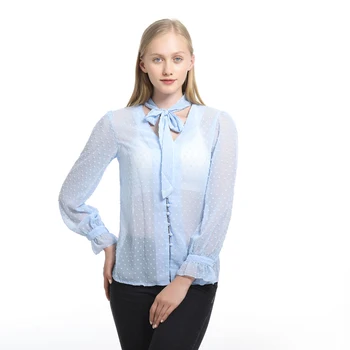 Femei Topuri și Bluze de Moda Butonul de Cravată cu Buline Bluza Sexy Vedea Prin Top Femei Sexy cu Maneci Lungi Tricou Transparent partea de Sus