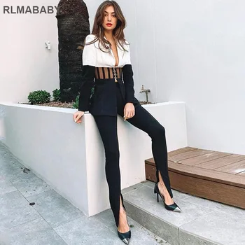 Elegant Mozaic Alb Negru Femei Blazer Coat Sexy V Gâtului Talie Transparent Sacou Fashion Casual Office Doamnelor Haine