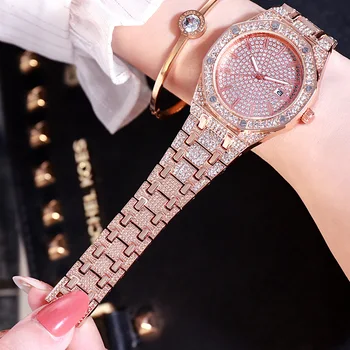 Noi de vânzare fierbinte full diamond lady ceas de culoare trei aliaj calendar, ceas cu Diamante Bandă de Oțel femei Ceas