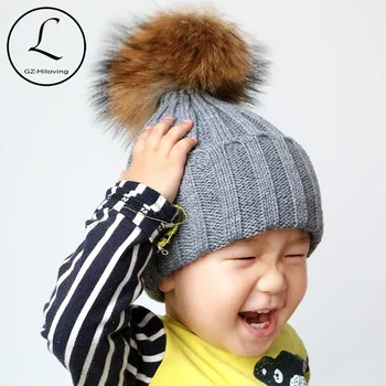Naturala Blana naturala Raton Pom Poms Pălării Pentru Baby Boy Fete Childs Iarna Acril Moale Tricot Căciuli, Pălării Blană minge Pălărie Dropshipping