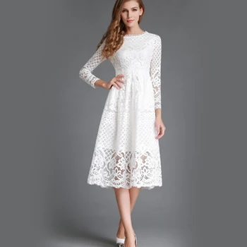 De înaltă Calitate Elegant hollow out dantelă rochie femei, cu maneci lungi stil toamna midi-vițel rochie de dantelă albă de Primăvară rochie de petrecere vestidos
