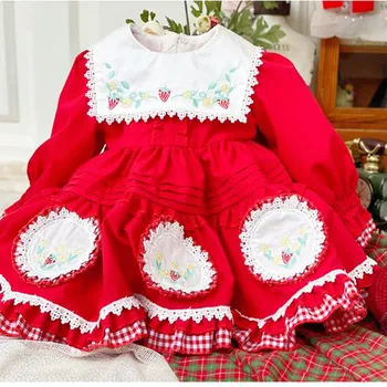 Fetița Toamna Iarna Roșu căpșună Emboidery lolita rochie prinți Epocă spaniolă Rochie de Bal Ziua de Crăciun anul nou dress