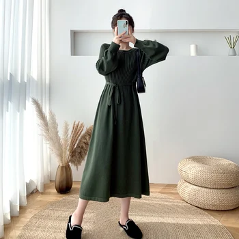 Îmbrăcăminte pentru Femei elegante LUI În 2020 Toamna Iarna Nou-coreean Dantelă-Up de Moda Japoneză de Bază Mid-Lungime O-Gat dintr-O Bucata Rochie Pulover