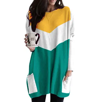 Culoare Împletit Tricouri Femei Casual cu Maneca Lunga O-gât Topuri de Mari Dimensiuni Buzunare Lungime Doamnelor Îmbrăcăminte Topuri Tricouri