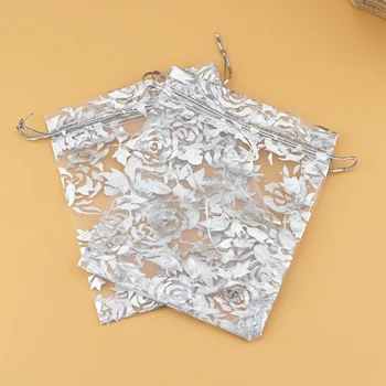 En-gros Alb Sac Organza Cu Trandafir de Argint Tipărite 20x30cm,Bijuterii de Nunta Ambalaje, Pungi,Pungi Cadou Frumos 200pcs/lot
