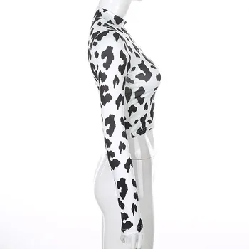 Lapte de Vaca de Imprimare Guler Y2k Tricouri Femei Alb-Negru Slim Crop Topuri Tricou Petrecere, Bluze cu Maneca Lunga Bodycon 90 Streetwear