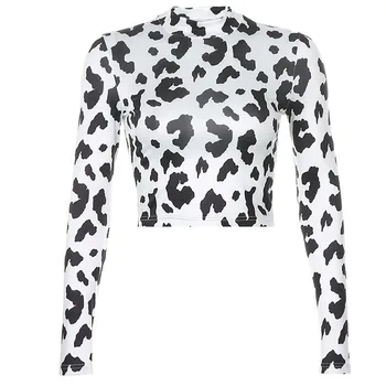 Lapte de Vaca de Imprimare Guler Y2k Tricouri Femei Alb-Negru Slim Crop Topuri Tricou Petrecere, Bluze cu Maneca Lunga Bodycon 90 Streetwear