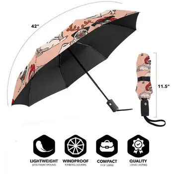 Rezistente La Vânt Complet Automată Umbrelă Pug Câine Cu Crăciun Pălării De Ploaie 3 Pliere Umbrela De Călătorie Auto Umbrella